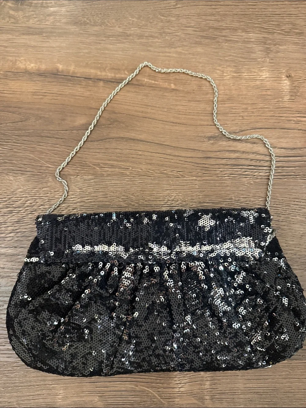 White House Black Market Black Sequin Clutch with silver chain strap - Picture 7 of 8